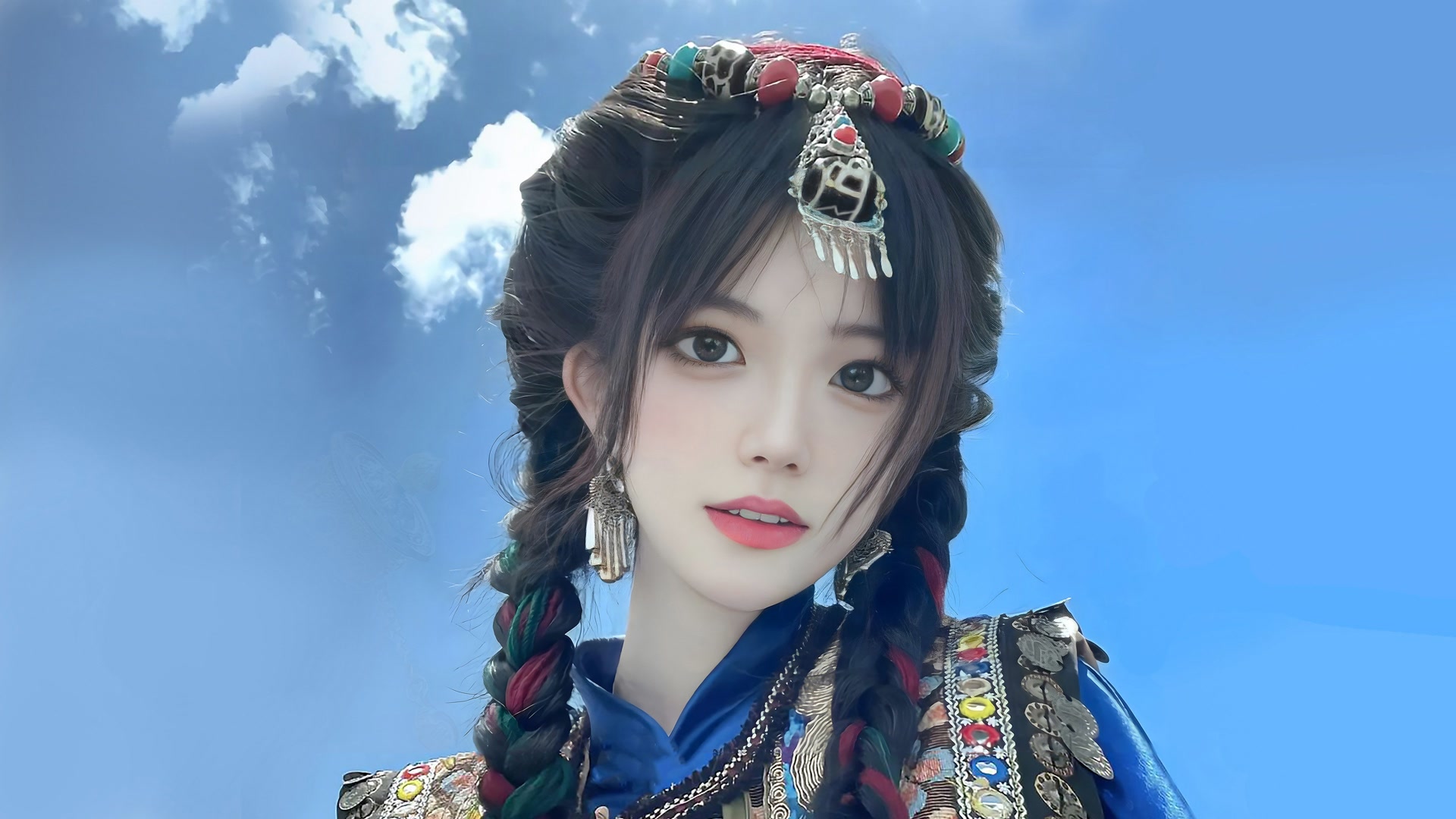 蓝天白云下的少女