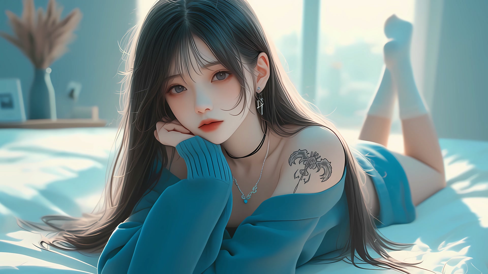 蓝衣少女躺卧
