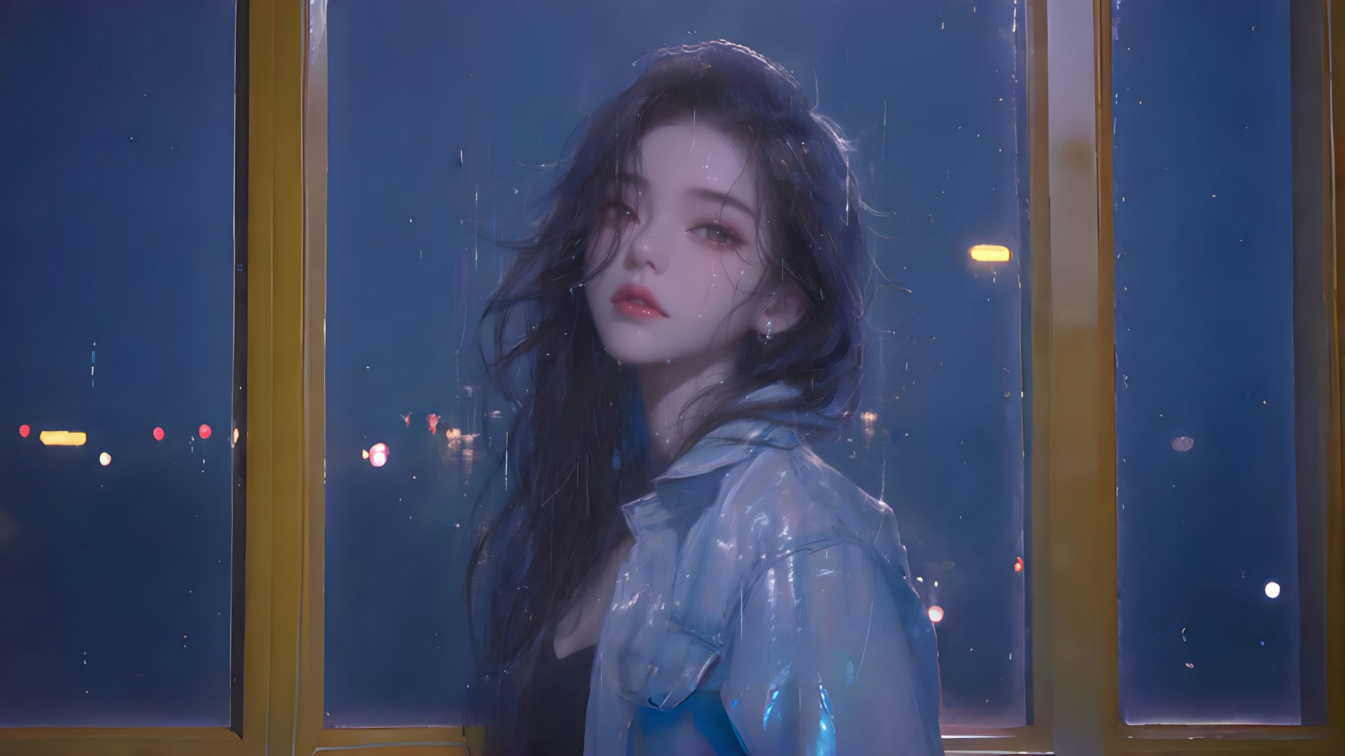 雨夜窗前的少女