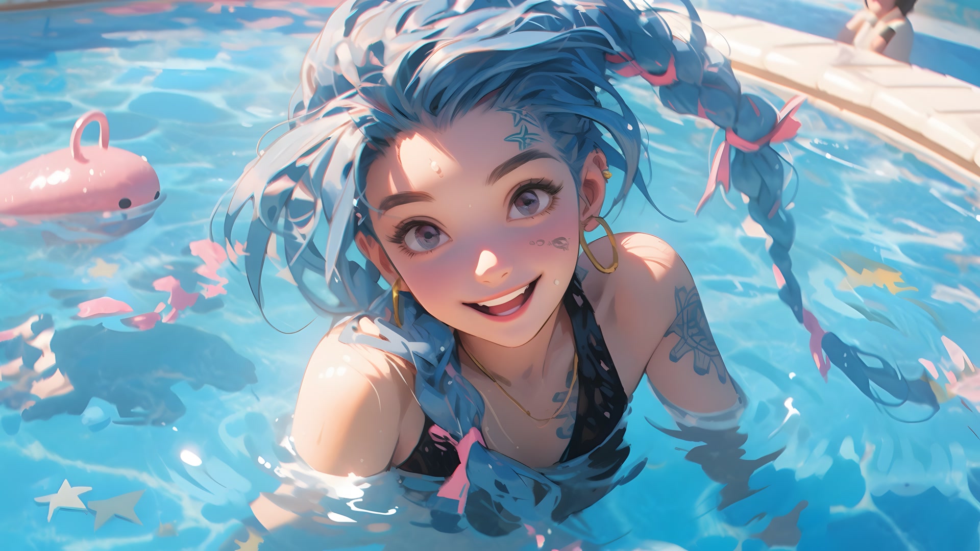 蓝发少女戏水