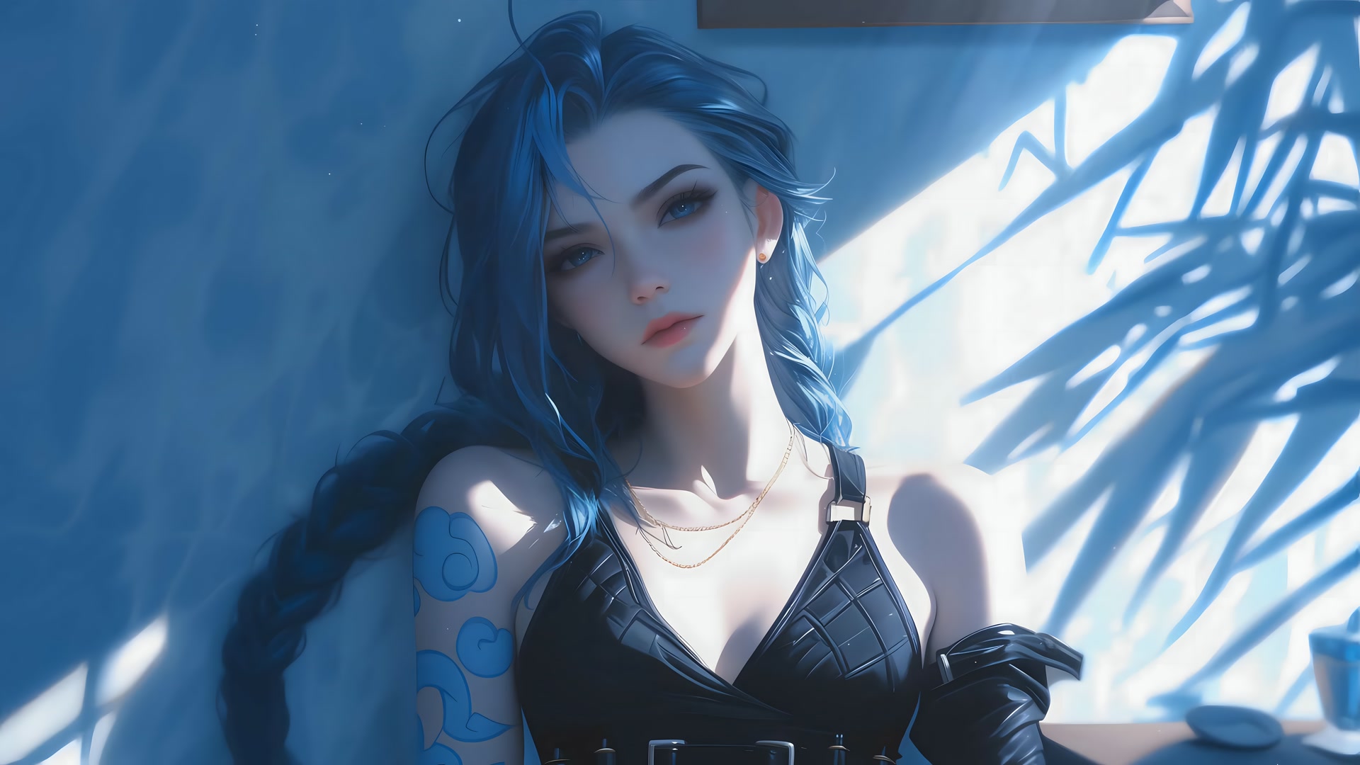 蓝发少女特写