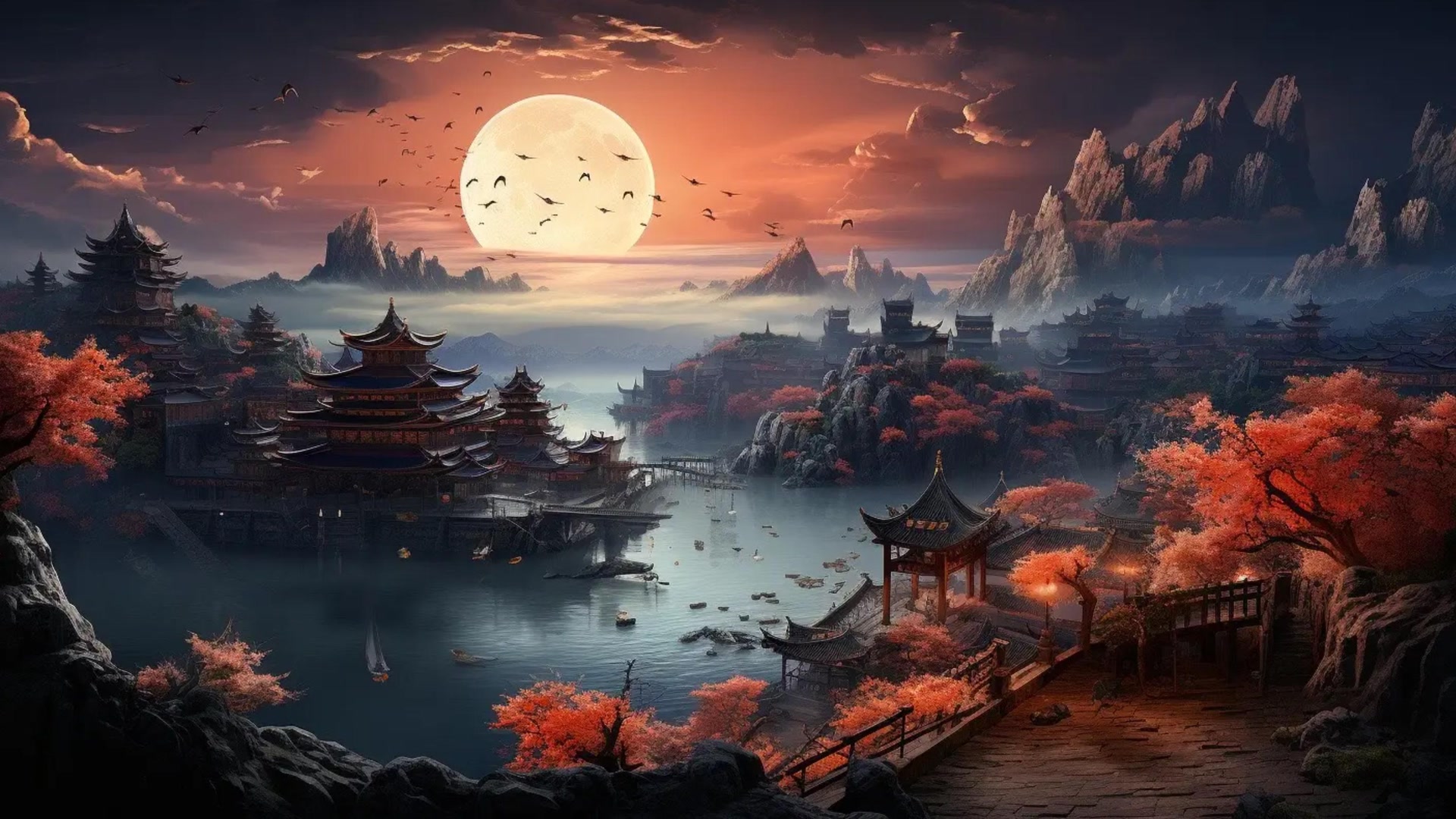 圆月红枫古城