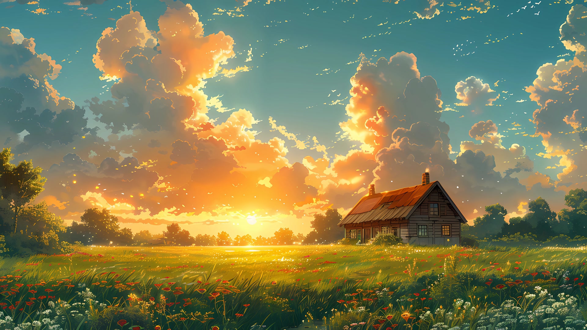 夕阳下的田园小屋