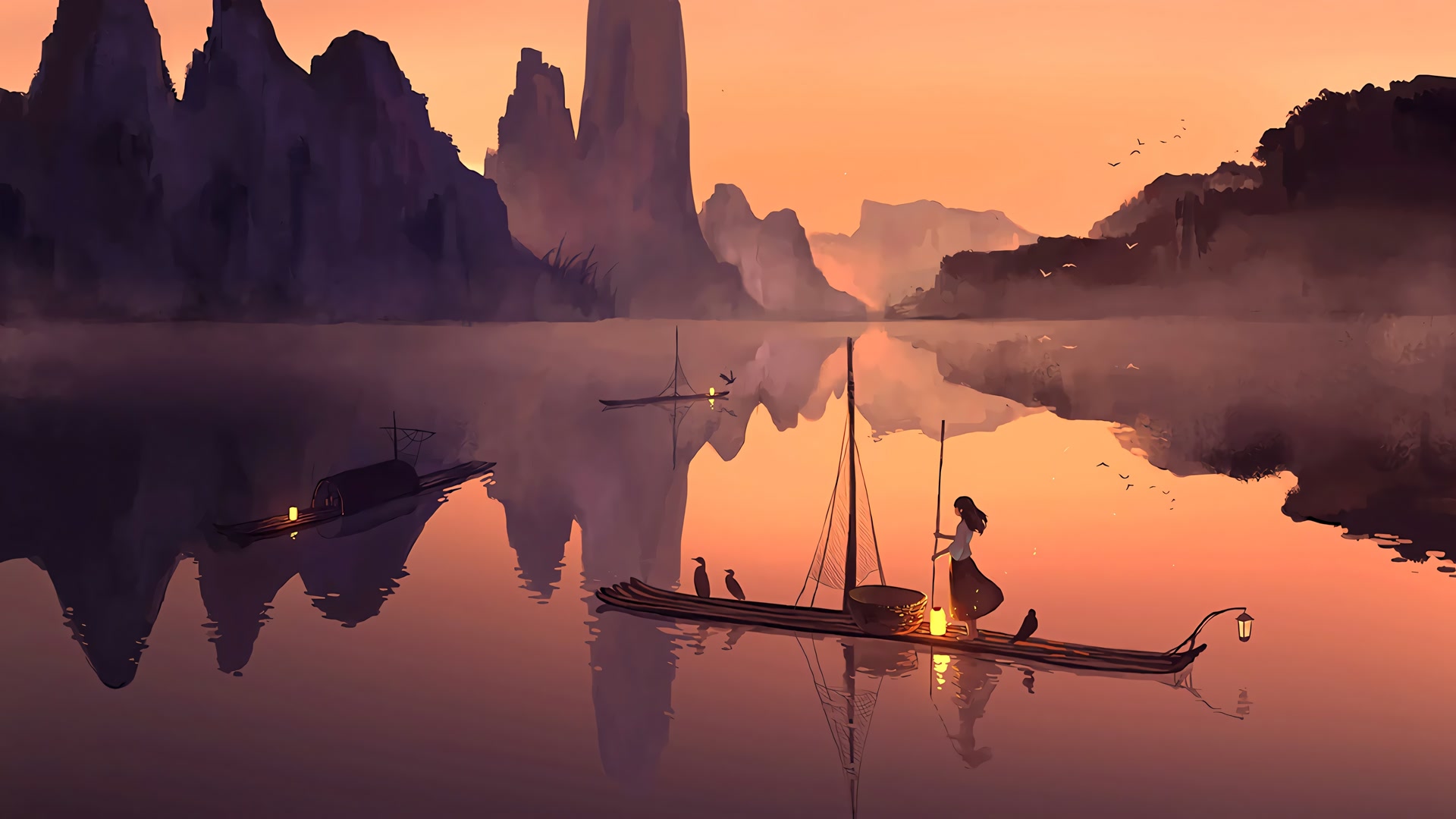 夕阳山水行舟