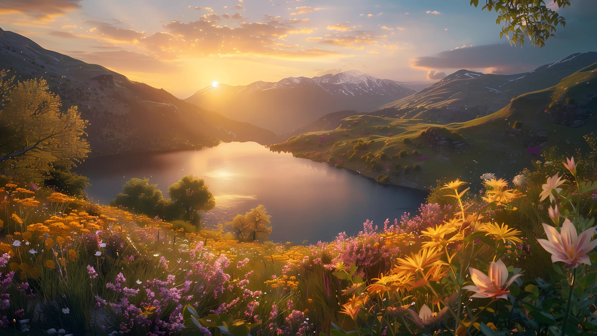 夕阳山湖花海