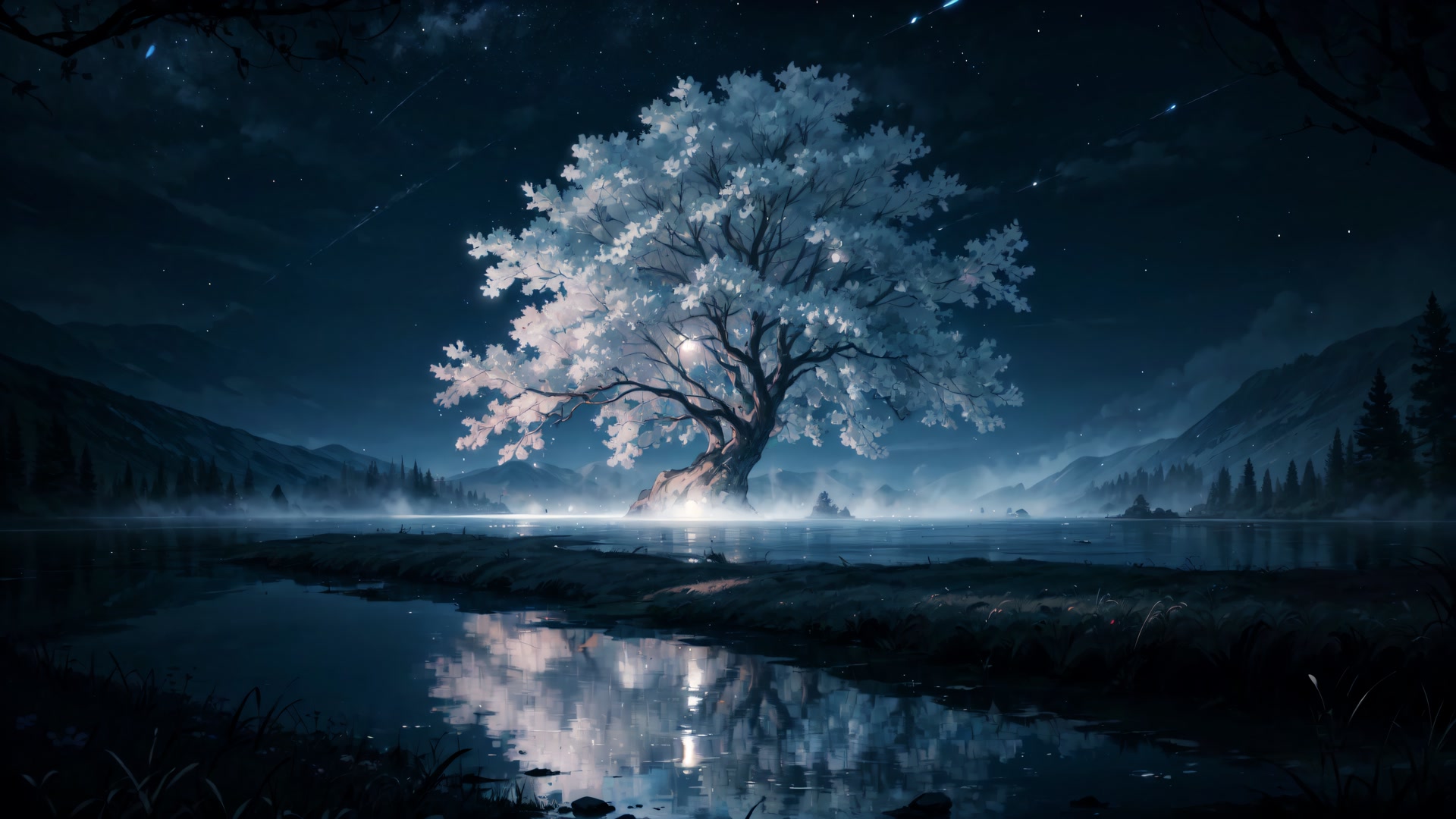 夜湖孤树流光