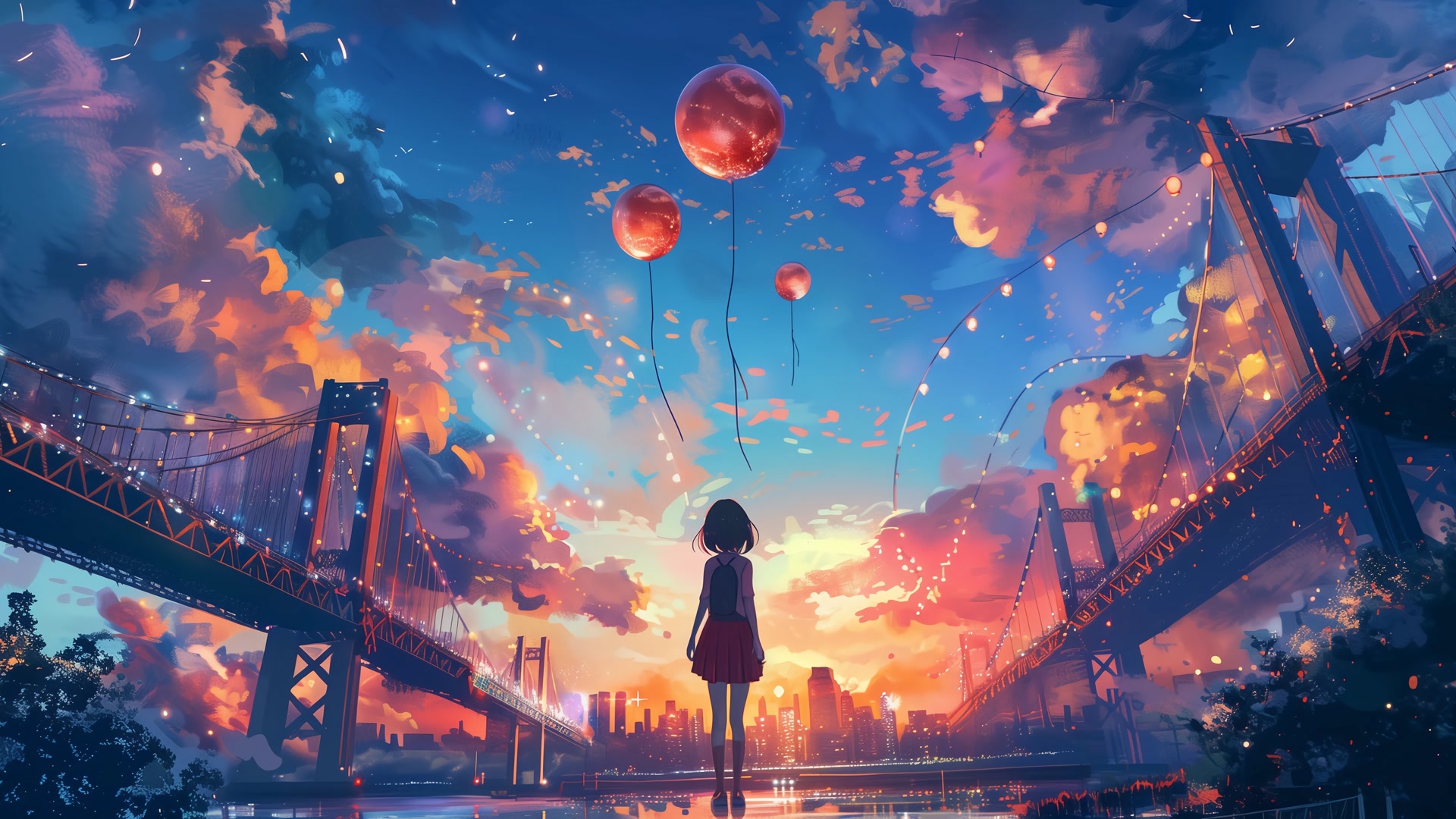 少女气球映晚霞