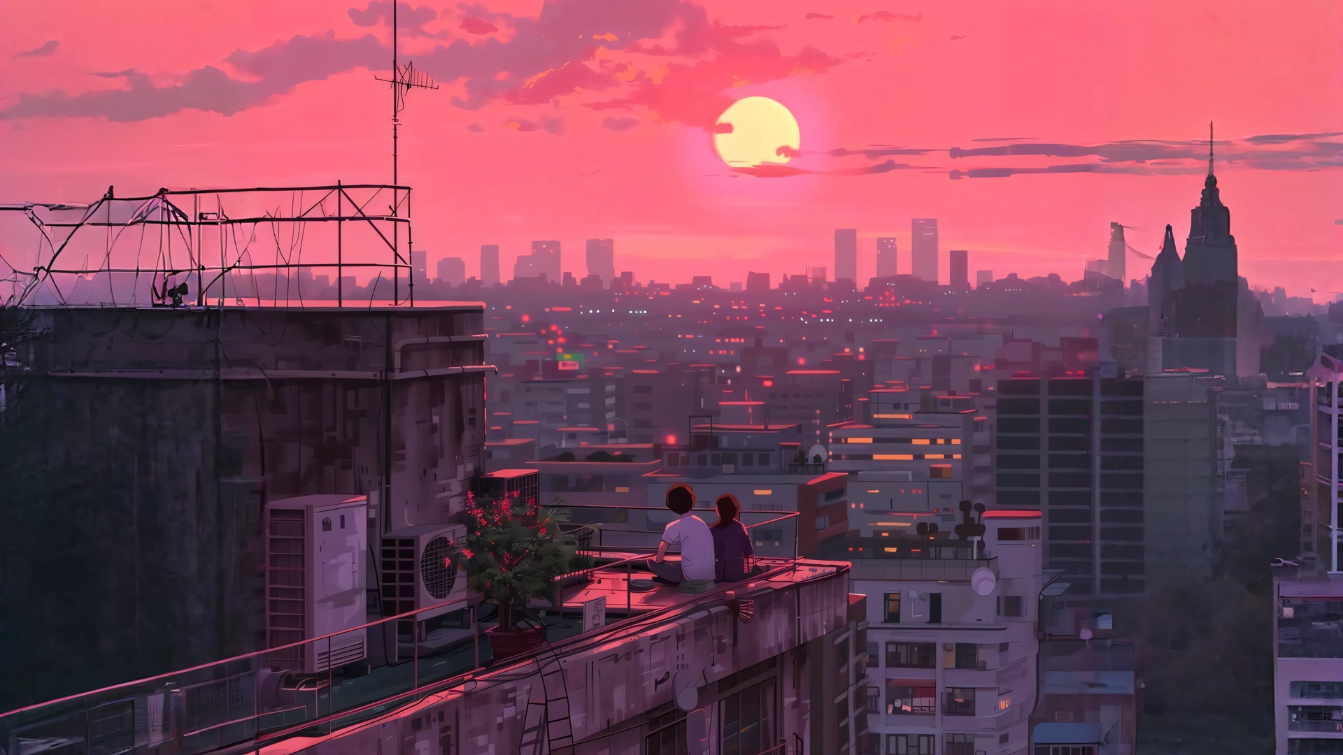 屋顶上看夕阳