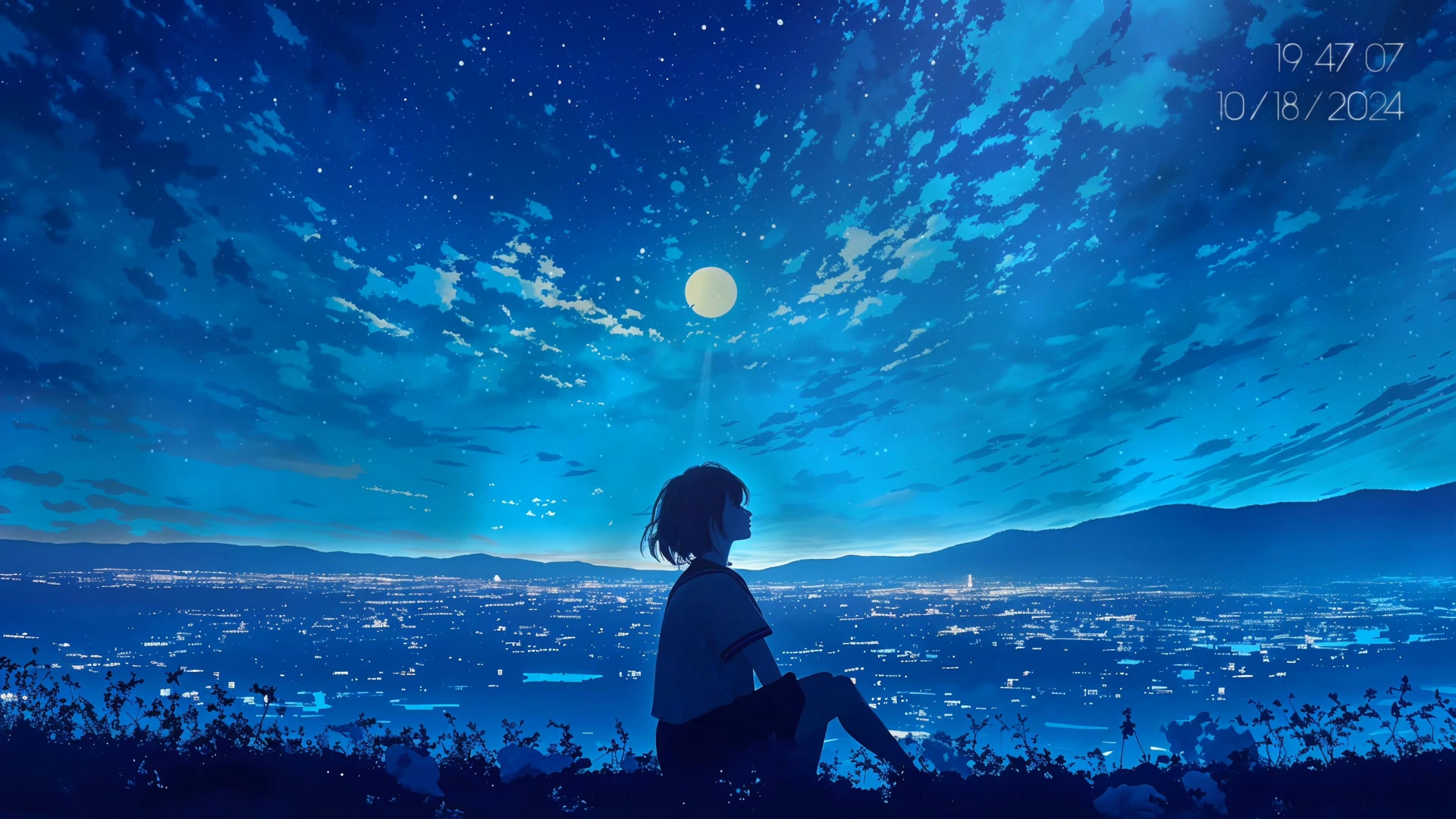 月下静坐少女