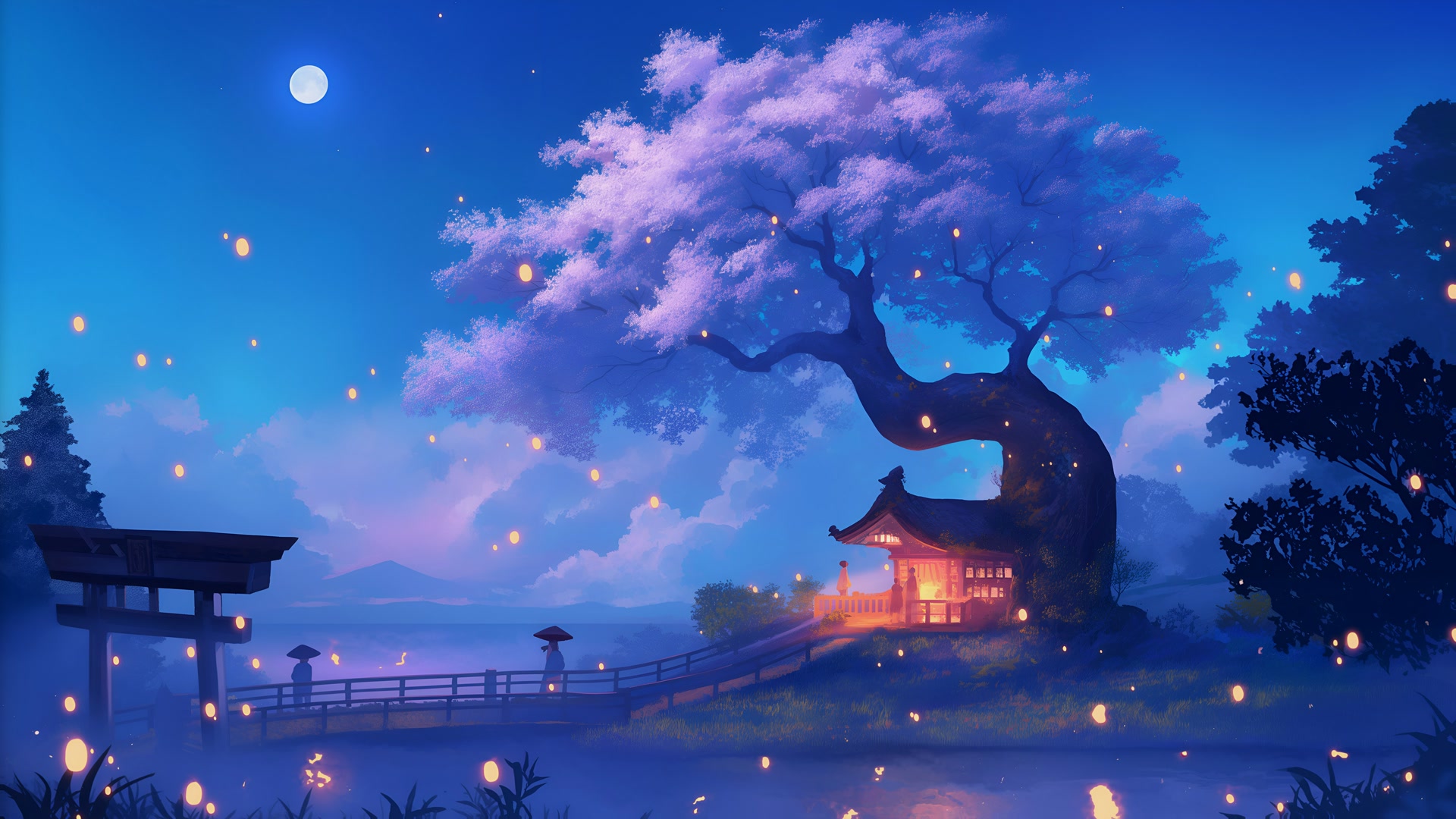 月夜古寺灯火