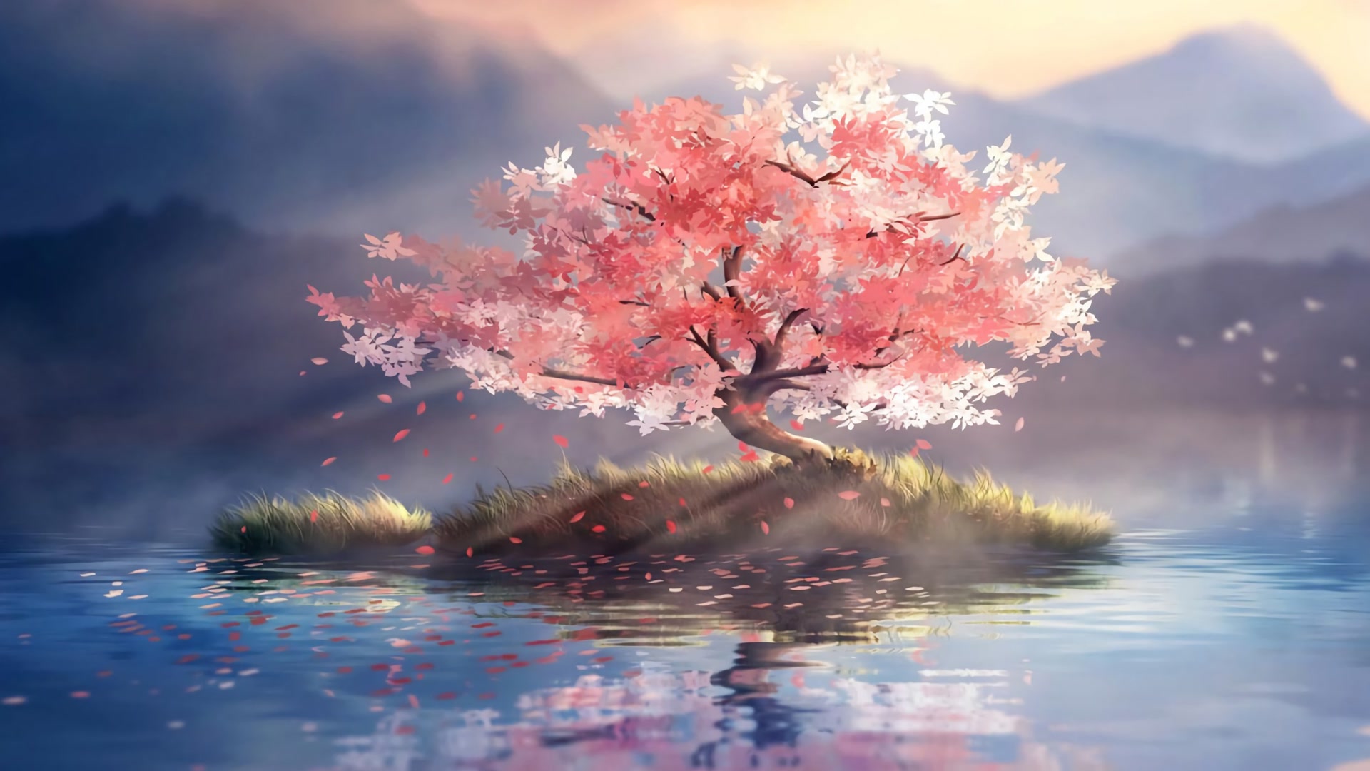 樱花映水山