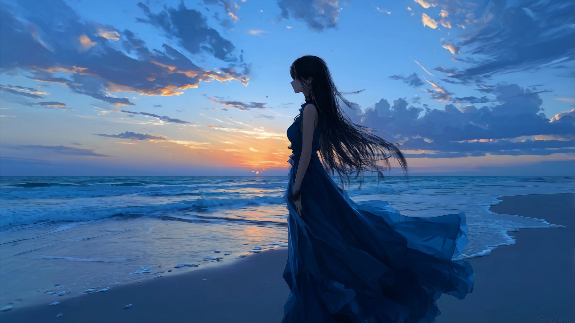 海边蓝裙少女